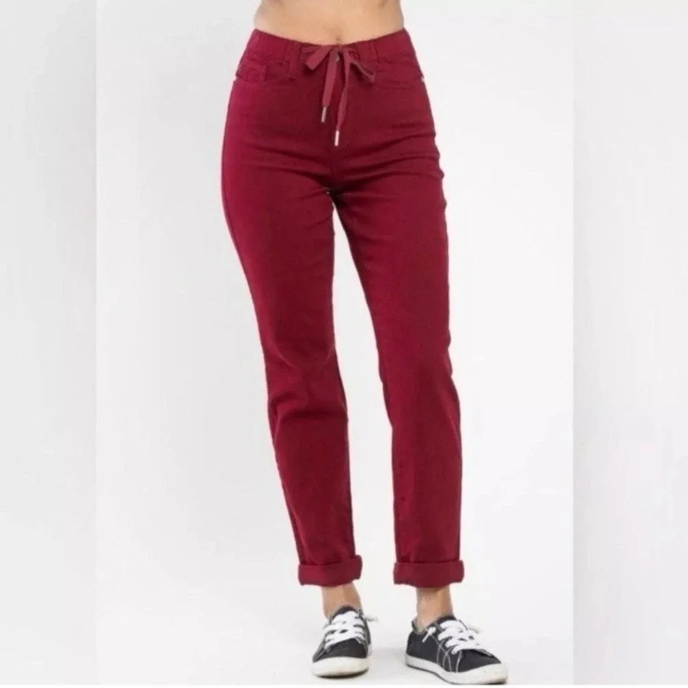 Judy Blue High Rise Drawstring On A Roll Jogger‎ Denim Pants Scarlet Sz 5/27